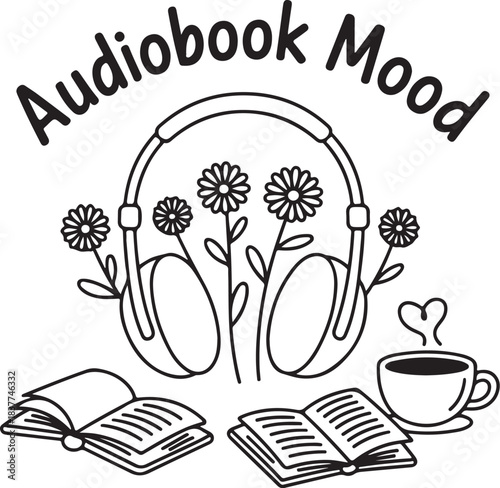 Audiobook Mood Illustration with Headphones and Coffee, Cozy Reading Lifestyle Design