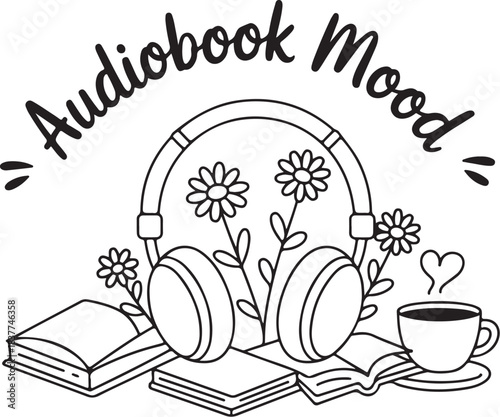 Audiobook Mood Illustration with Headphones and Coffee, Cozy Reading Lifestyle Design