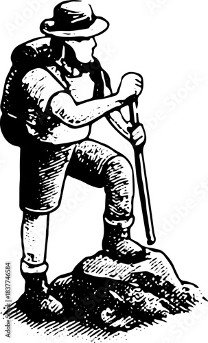 Mountain Climber with Backpack on Rock Silhouette