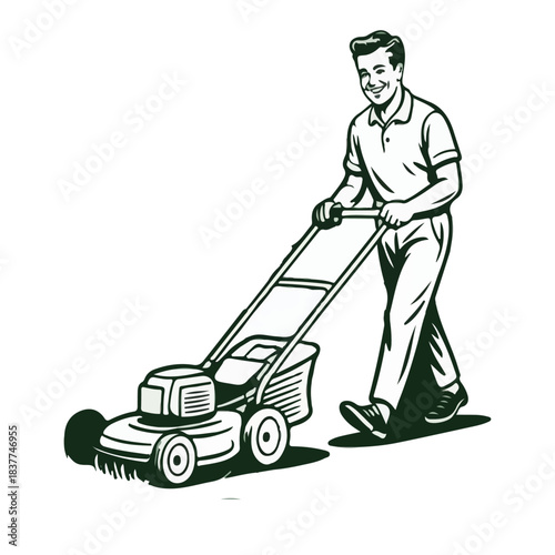 Smiling Man Mowing Green Grass with a Lawn Mower Illustration