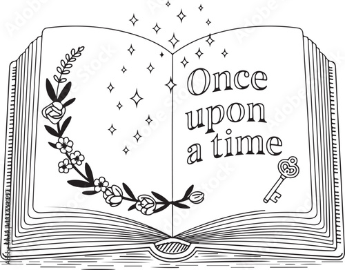 Open Story Book with Once Upon a Time Text, Fairy Tale Reading Illustration Design