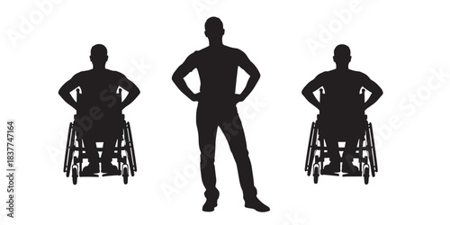 Silhouette of a standing man flanked by two men in wheelchairs symbolizing disability inclusion and accessibility