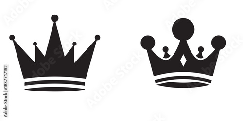 Simple black silhouette of two distinct royal crowns representing royalty authority and luxury on white background