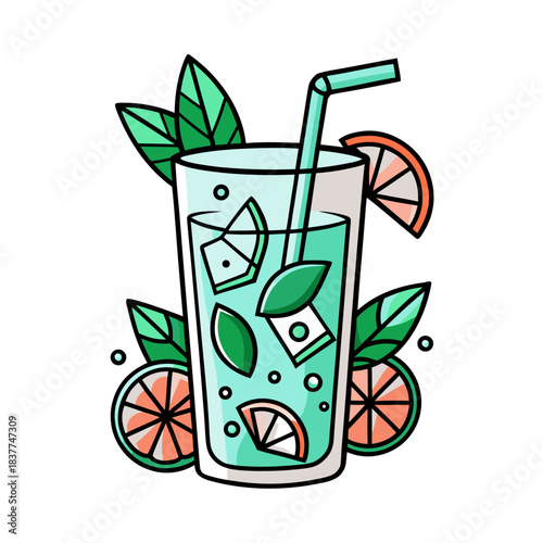 A tall glass filled with a cool, minty beverage, ice cubes, mint leaves, and citrus slices, complete with a straw.