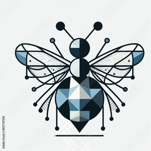 Geometric Bee Illustration with Blue and Gray Tones.