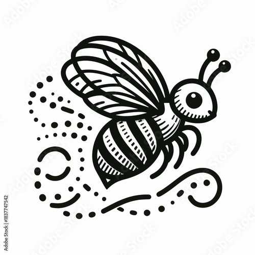 Detailed Line Art Illustration of a Flying Honeybee.