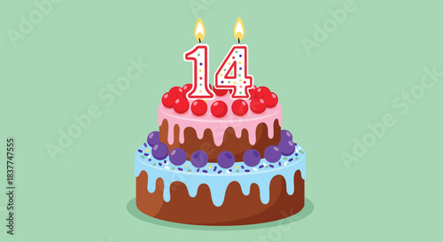 Cheerful two-tier birthday cake with pink and blue frosting fruit toppings and lit candles forming the number fourteen.