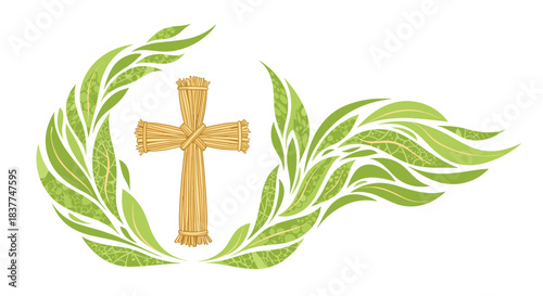 Beautifully illustrated Brigid's cross made of woven straw surrounded by a swirl of green leaves a symbol of Imbolc festival.