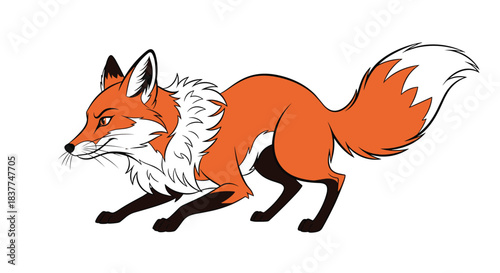 Stylized illustration of a cunning red fox in a crouching pounce pose with a bushy tail isolated on a white background.