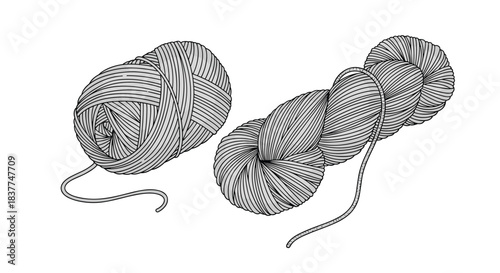 Detailed black and white line art illustration of a ball of yarn and a twisted skein of wool for knitting or crocheting.