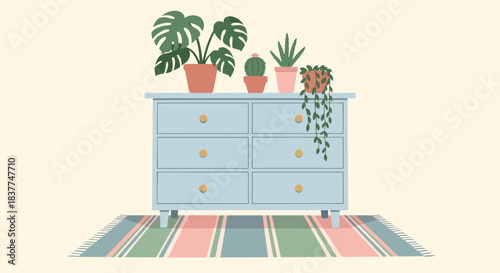 Modern interior design scene with a light blue dresser topped with various houseplants and a colorful rug for a cozy vibe.