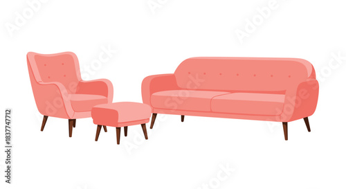Set of retro-style living room furniture including a pink sofa armchair and ottoman isolated on a clean white background.
