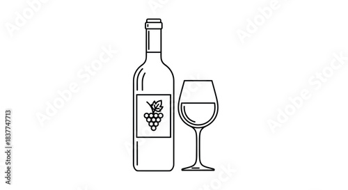 Minimalist black and white line icon of a wine bottle next to a glass of wine for a restaurant menu or bar branding.