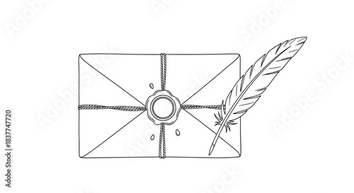 Vintage-style line art drawing of a letter sealed with wax and a quill pen representing traditional correspondence and mail.