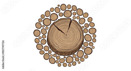 Circular composition of hand-drawn wood slices and logs showing tree rings and texture for a rustic nature-themed design.