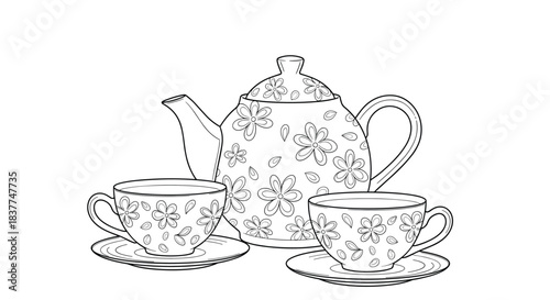 Charming black and white line art of a tea set with a floral pattern including a teapot and two cups for a coloring page.