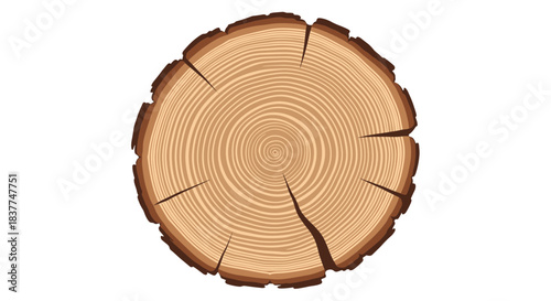 Detailed illustration of a tree trunk cross-section showing concentric growth rings and cracked bark on a white background.