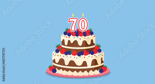 Festive two-tier birthday cake with number 70 candles and berry decorations celebrating a seventieth anniversary or birthday.