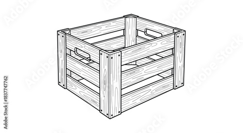 Hand-drawn black and white vintage-style illustration of an empty wooden crate or box isolated on a plain white background.
