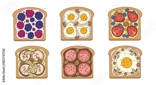Set of six delicious and healthy toast variations with assorted toppings like eggs berries and avocado for a breakfast menu.
