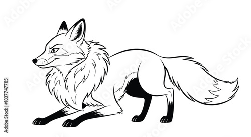 Black and white line art of a sly red fox in a crouching pose perfect for coloring pages or woodland-themed illustrations.