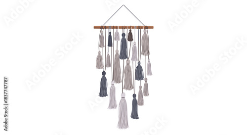 Boho-style macrame wall hanging with multiple grey and white tassels suspended from a wooden dowel for home interior decor.