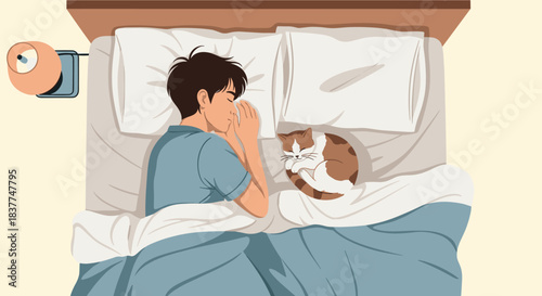 Top-down illustration of a young man sleeping peacefully in bed with a cute cat curled up beside him in a cozy bedroom.