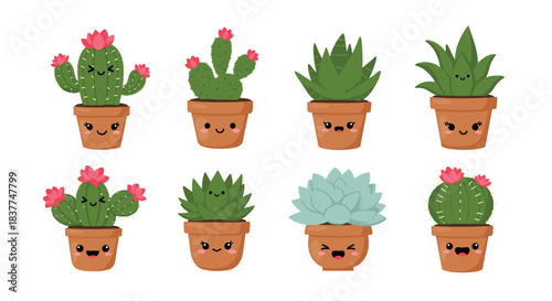 Set of eight adorable kawaii-style potted plants including cacti and succulents with cute smiling faces on a white background.