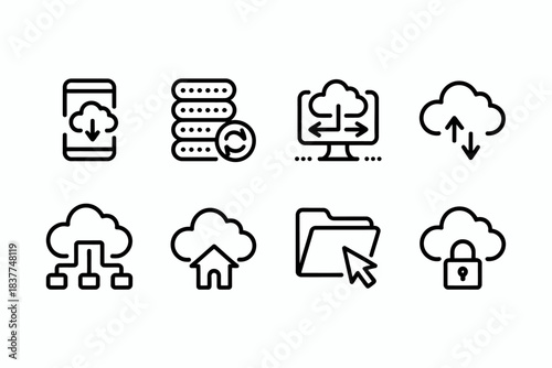 Modern cloud computing and data storage outline icons collection