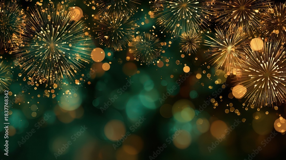 Fototapeta premium 2026 New Year Party Background Banner with Abstract Gold Firework on Dark Green Texture and Bokeh Lights