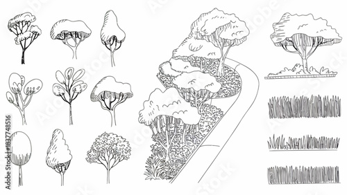 Hand-drawn landscape elements for architectural plan designs set