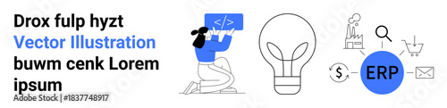 Business management, coding, technology, innovation, workflow, enterprise. Person coding, lightbulb ERP system cart search email icons. Business management and coding concept