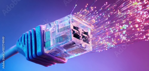 The Ethernet Connector Emitting Vibrant Fiber Optic Light Streams Symbolizing High Speed Connectivity