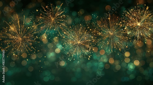 2026 New Year Party Background Banner with Abstract Gold Firework on Dark Green Texture and Bokeh Lights