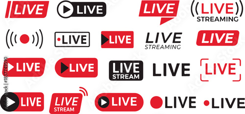 Live stream icons. Broadcast now red button, livestream tv news online streaming banner, webinar video player vector art and illustration 