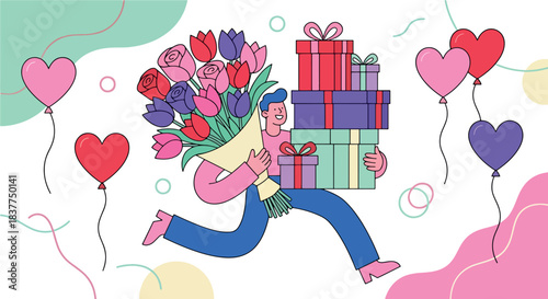 A cheerful man runs while carrying a large bouquet of roses and a stack of colorful gift boxes, symbolizing love, celebration, and giving romantic presents