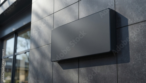 Blank Black Rectangular Signage Mockup on Modern Stone Facade