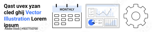 Calendar marked Monthly, report with graphs, charts, and large gear. Ideal for planning, analytics, time management, productivity, organization business insights simple landing page