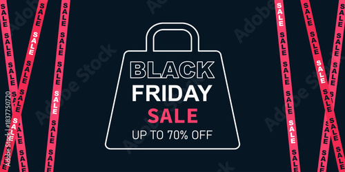 Black Friday horizontal banner with contour shopper bag on Black background with inscription. Barrier tape with inscription. vector illustration. Template, layout, poster and banner for sales