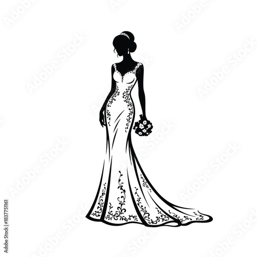Elegant bride silhouette holding bouquet in stunning mermaid wedding gown design