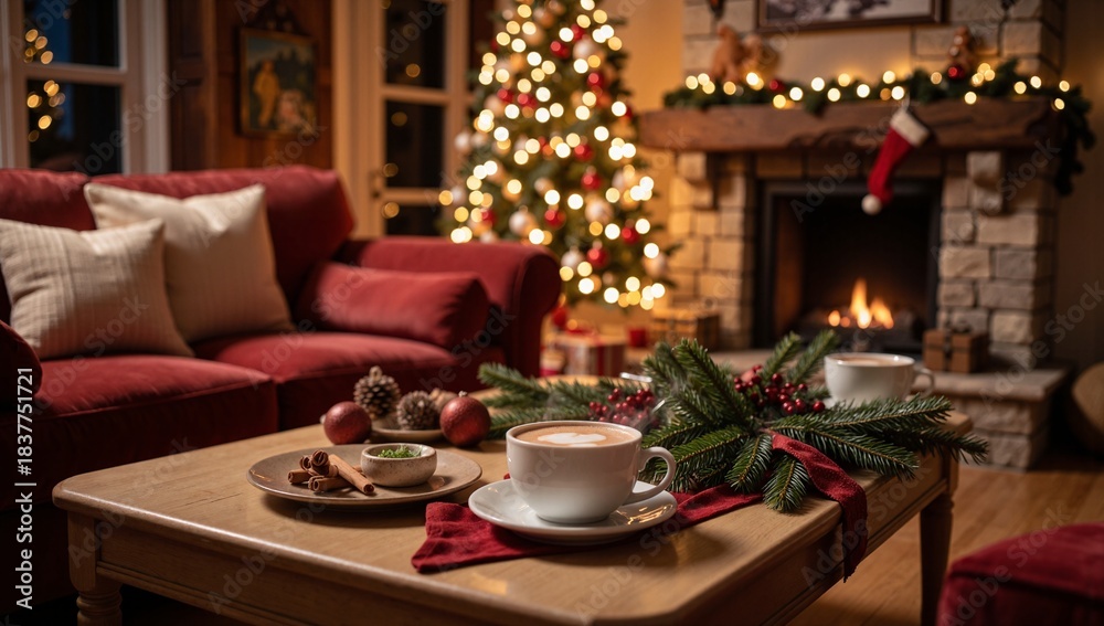 Fototapeta premium Hot chocolate cup on wooden table with Christmas tree background
