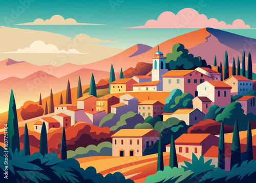 Village in tuscan landscape with cypress trees Vector