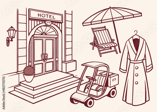 Hotel entrance and resort items illustration Vector