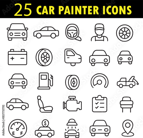 Auto Body Painting Line Icons for Vehicle Repair and Refinishing