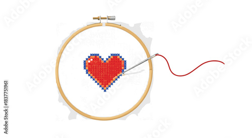 A realistic illustration of a red pixelated heart being cross-stitched with red thread onto fabric held in a wooden embroidery hoop.