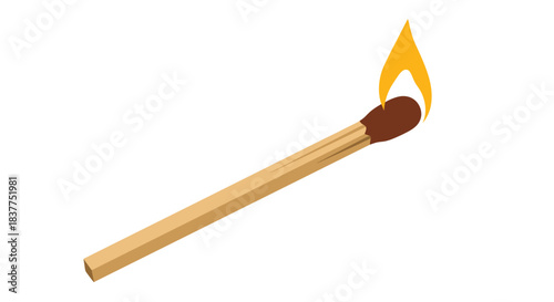A simple and realistic illustration of a single wooden matchstick with a brown head, lit with a bright yellow and orange flame.