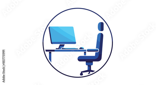 A modern icon inside a circle showing an ergonomic office workspace with a computer monitor, desk, and adjustable chair in blue tones.