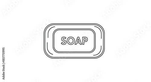A minimalist black line icon of a rectangular bar of soap with the word 'SOAP' inscribed, set in a simple dish.