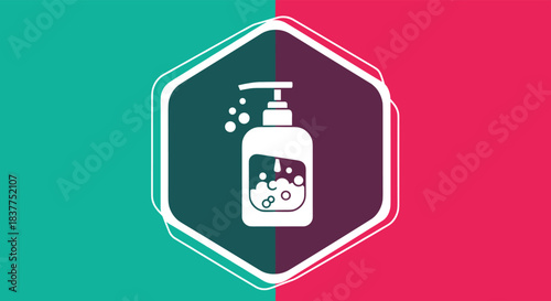 A stylish white icon of a liquid soap or sanitizer dispenser inside a hexagon on a modern two-tone red and green background.