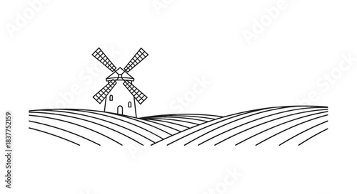 A serene and minimalist line art illustration of a traditional windmill standing on rolling hills with plowed fields in the foreground.